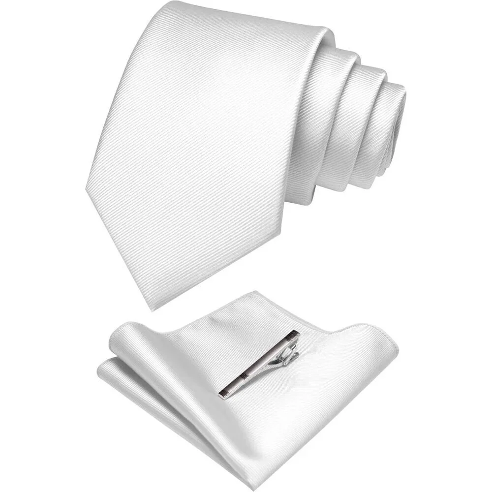 Men's White 2 Colour Formal Necktie and Pocket Square Tie Clip Sets